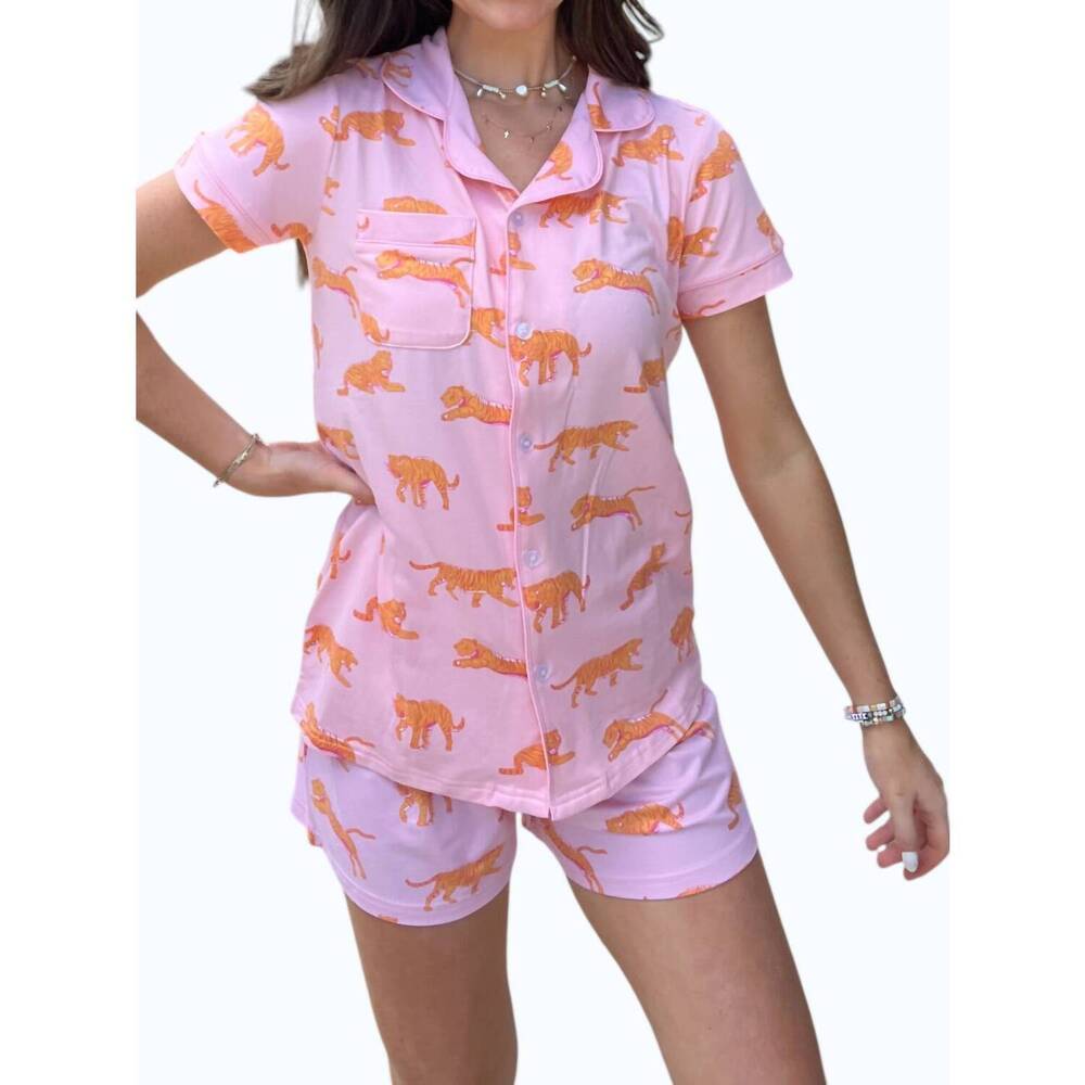 NEW THE ROYAL STANDARD tiger walk pajama short set in pink